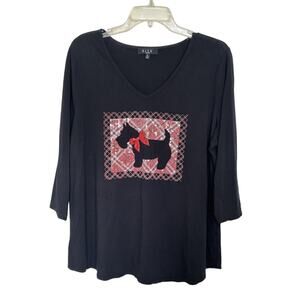 B.L.E.U. Scottie Dog Black 3/4 Sleeve Sequin Top Size 1x Christmas Holiday Party